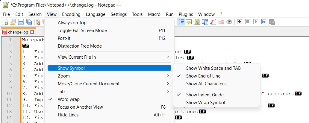 Notepad++ Show End of Line Option
